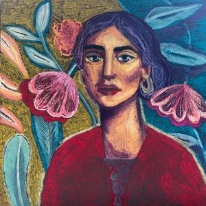 Figurative Portrait Painting of Woman with floral motifs-Framed in glass 12x12